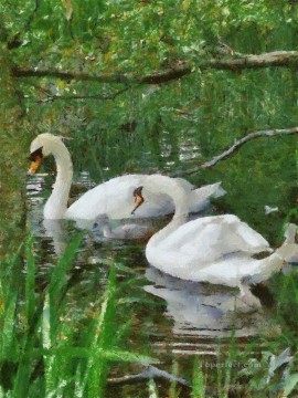 swan in green lake birds Oil Paintings